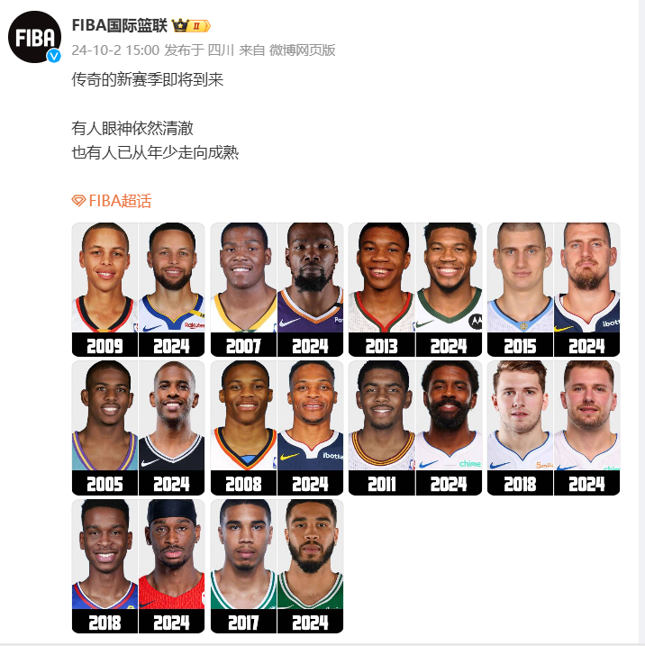 🌟从年少走向成熟！FIBA官方晒众球星新秀赛季和本赛季定妆照对比图