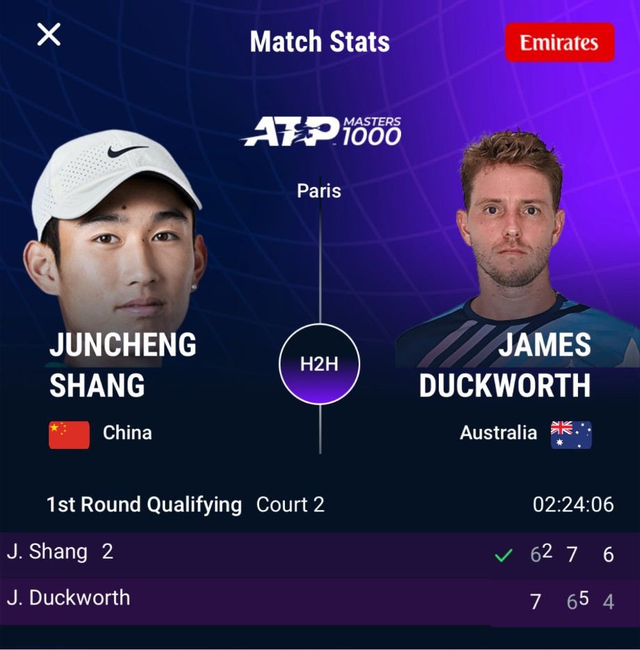 🎾ATP1000巴黎站男单资格赛：商竣程2-1达克沃斯晋级下一轮